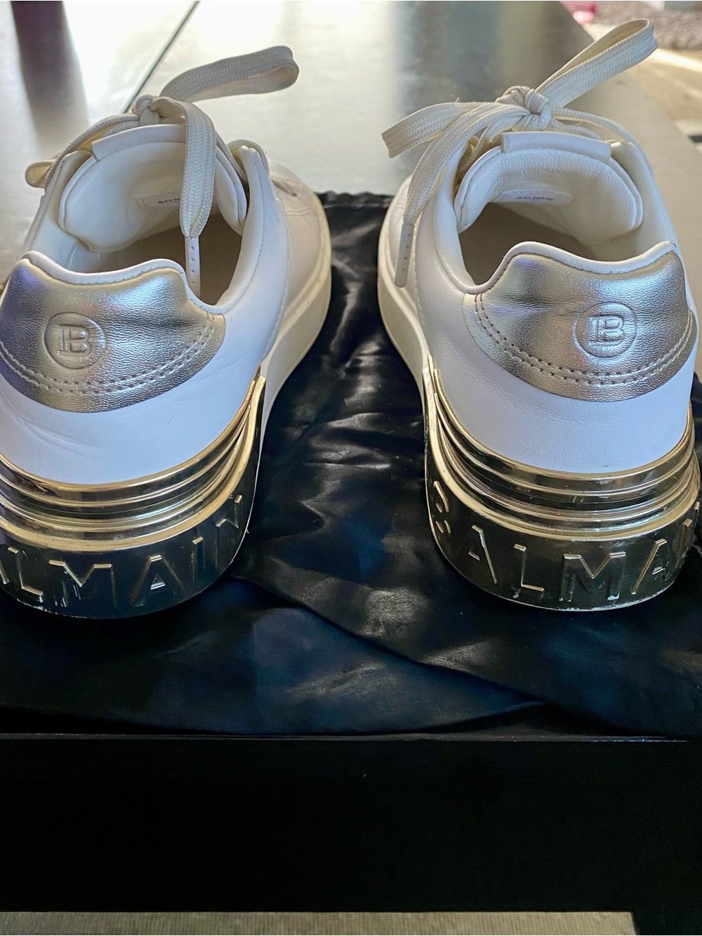 Balmain White Leather Sneakers with Metallic Gold Heel and Silver Collar